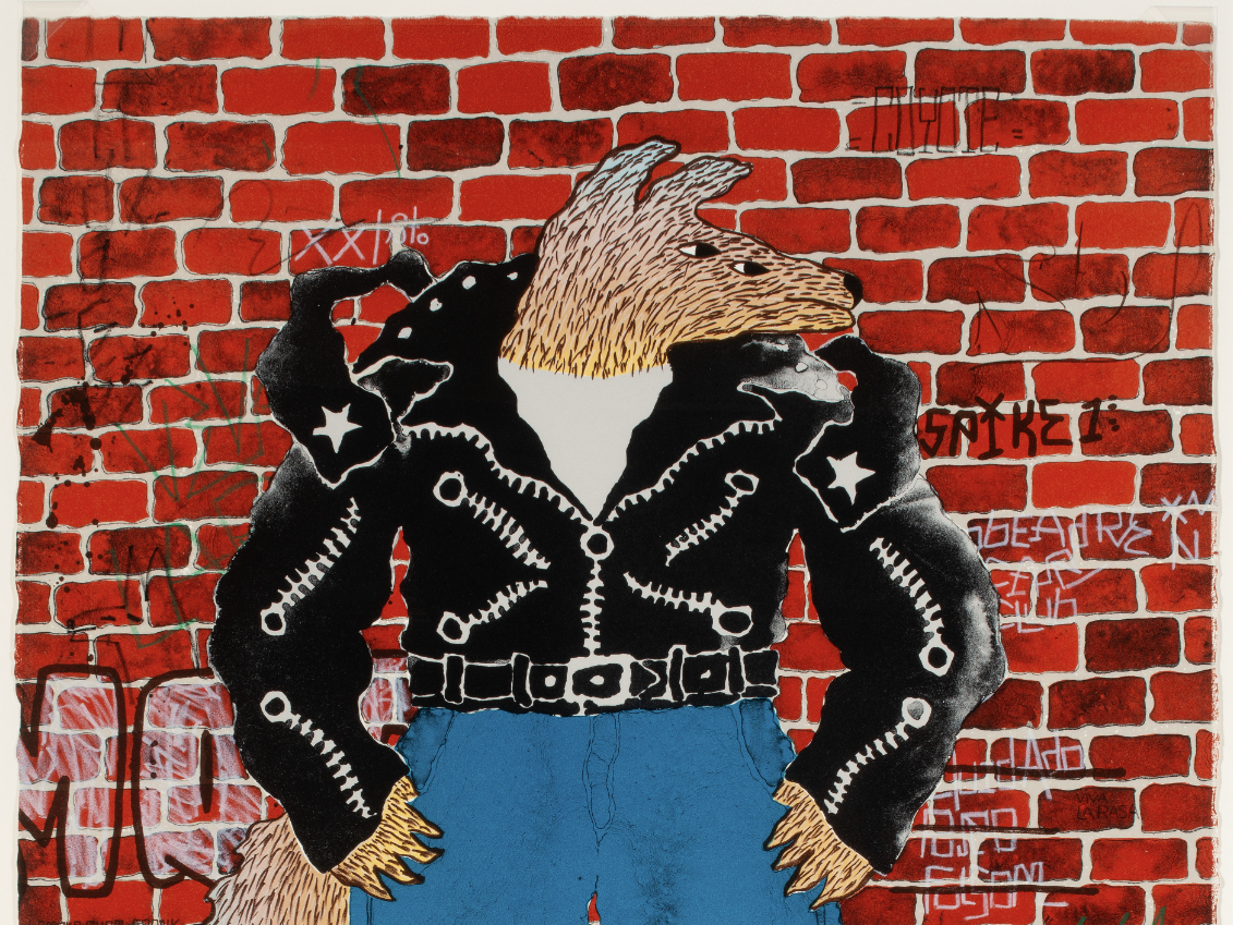A drawing of a fox wearing a leather jacket and blue jeans.