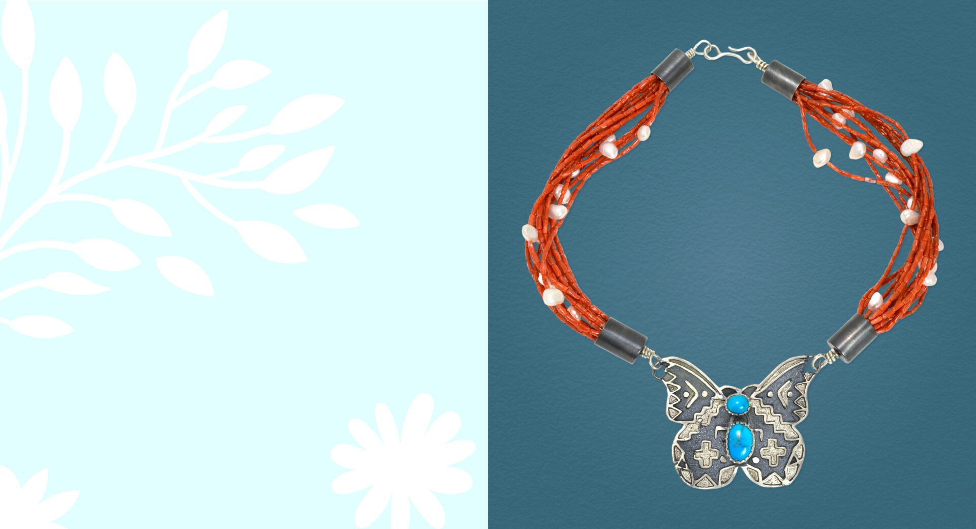 Orange beaded bracelet with a silver and blue pendant on a blue background with white floral patterns.