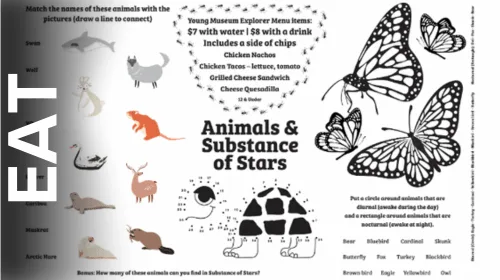 A poster with animal-related activities and a menu list for a Young Museum Explorer event. Activities include matching animals, dot-to-dot drawing, and identifying animal shapes. The poster also features illustrations of animals and butterflies.