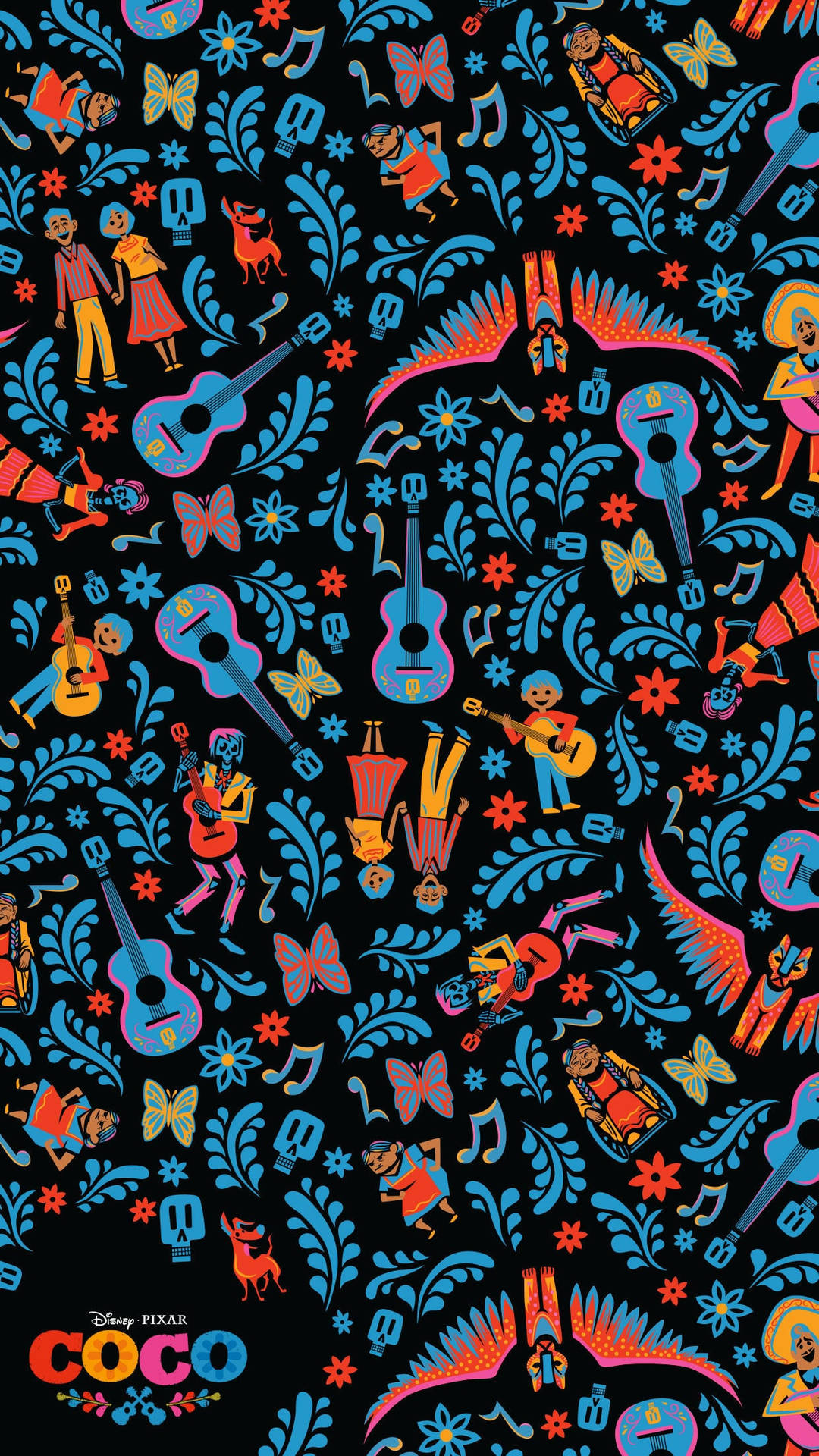 A colorful, patterned design with characters, maracas, guitars, musical notes, and skulls on a black background. In the lower left corner, the text reads, "Disney Pixar COCO".