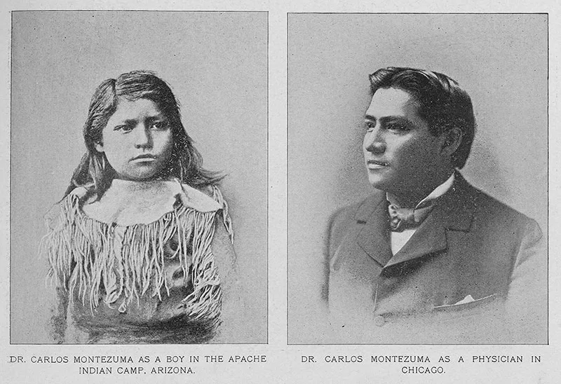 Side-by-side photographs of Dr. Carlos Montezuma as a boy in Apache Indian Camp, Arizona (left), and as a physician in Chicago (right).