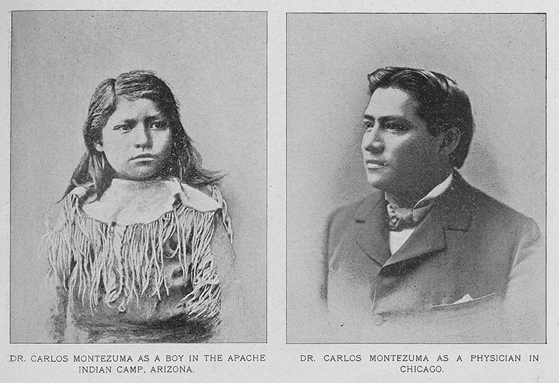 Side-by-side photographs of Dr. Carlos Montezuma as a boy in Apache Indian Camp, Arizona (left), and as a physician in Chicago (right).