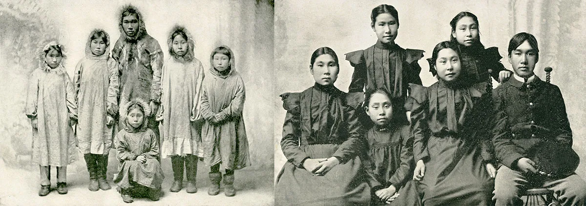 Two black and white photos: the left shows six children in traditional fur clothing, the right shows a group of five individuals in formal attire with three standing and two sitting.