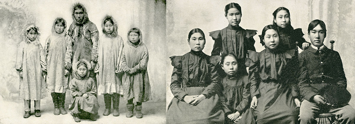 Two black and white photos: the left shows six children in traditional fur clothing, the right shows a group of five individuals in formal attire with three standing and two sitting.