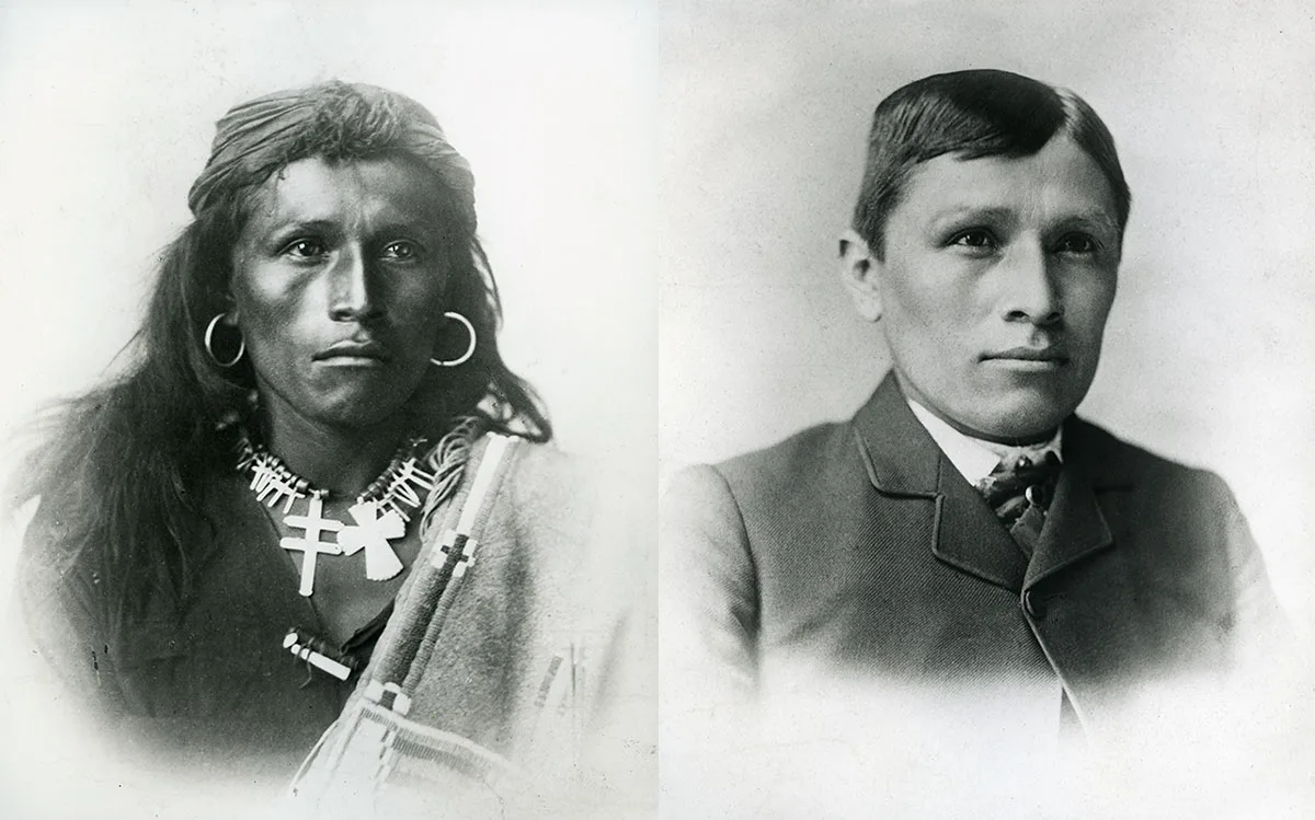 Two black-and-white portraits of the same man side by side. The left image shows him in traditional attire with necklaces and earrings. The right image shows him in formal Western clothing with short hair.