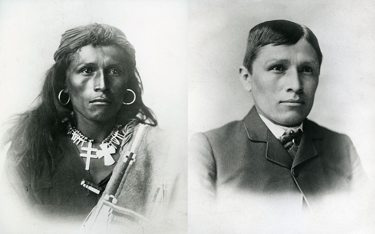 Two black-and-white portraits of the same man side by side. The left image shows him in traditional attire with necklaces and earrings. The right image shows him in formal Western clothing with short hair.