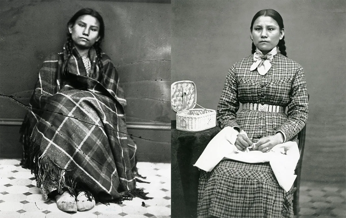 Side-by-side black-and-white images of two Native American girls. The girl on the left is seated with a blanket, and the girl on the right is seated with braided hair, wearing a patterned dress and holding a book.