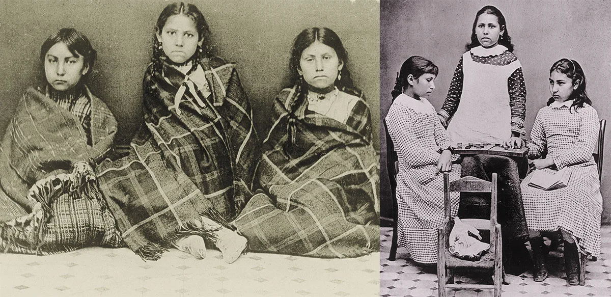 Two black-and-white photos side by side: Left, three girls sit wrapped in plaid blankets; right, three girls stand around a small table, one reading and another writing.