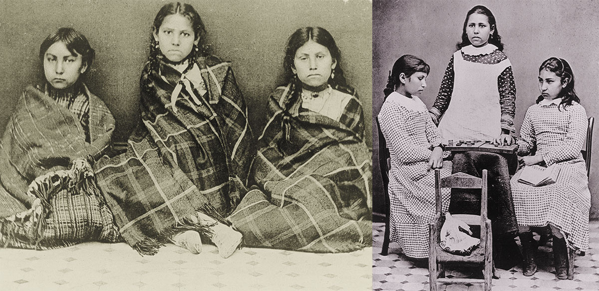 Two black-and-white photos side by side: Left, three girls sit wrapped in plaid blankets; right, three girls stand around a small table, one reading and another writing.