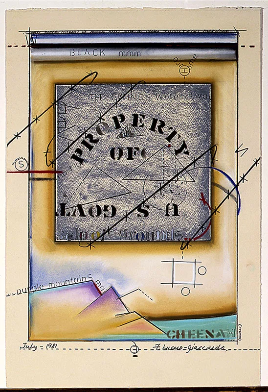 A mixed media artwork featuring various geometric shapes, measurements, and text reading "PROPERTY OF LADDS." The date "July 1981" and the name "Vincent Greenaway" are noted at the bottom.