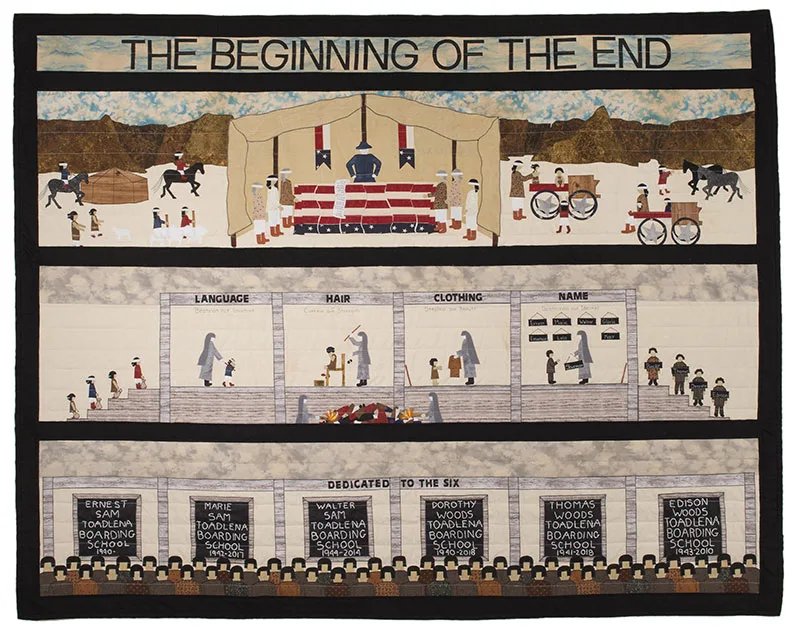 A quilt depicting scenes of Native American boarding schools including students being observed, undergoing changes in language, hair, clothing, and names, with a dedication to six students at the bottom.