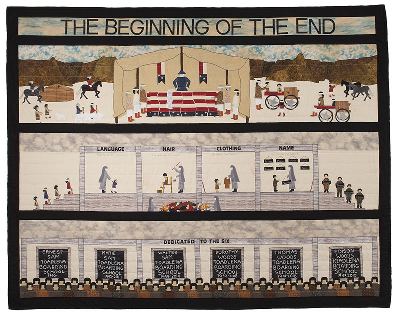 A quilt depicting scenes of Native American boarding schools including students being observed, undergoing changes in language, hair, clothing, and names, with a dedication to six students at the bottom.
