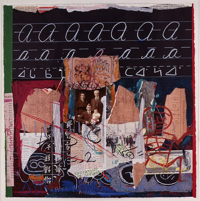 A colorful mixed media artwork featuring cursive letters, torn posters of people, abstract designs, and fragments of text on a dark background.