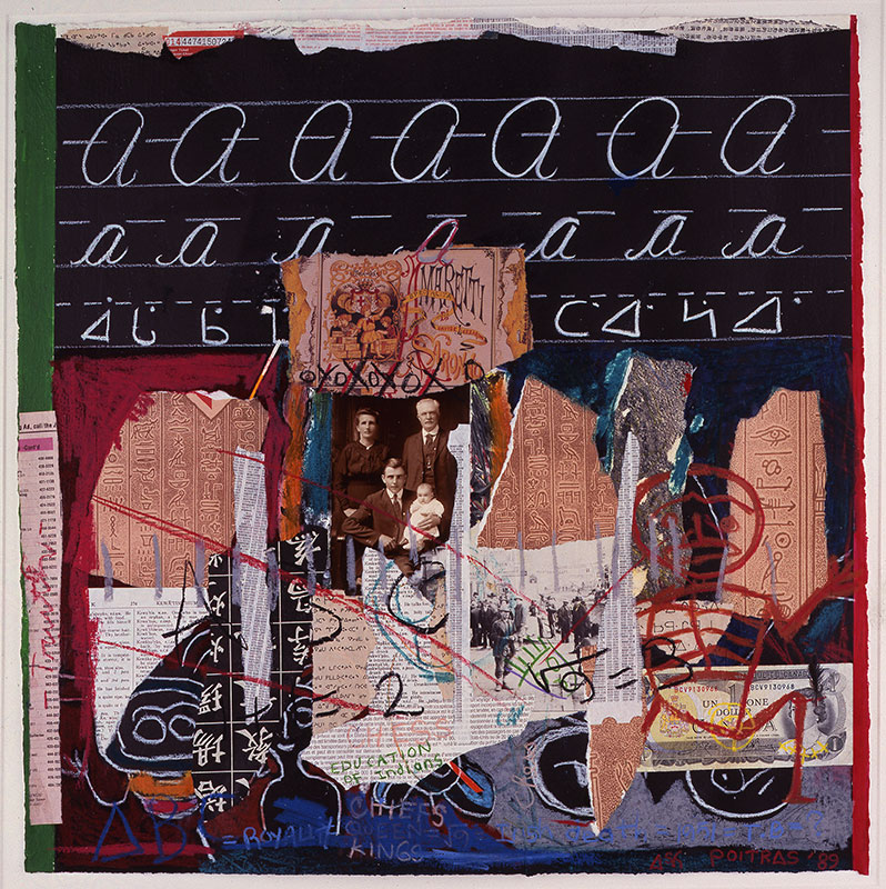 A colorful mixed media artwork featuring cursive letters, torn posters of people, abstract designs, and fragments of text on a dark background.