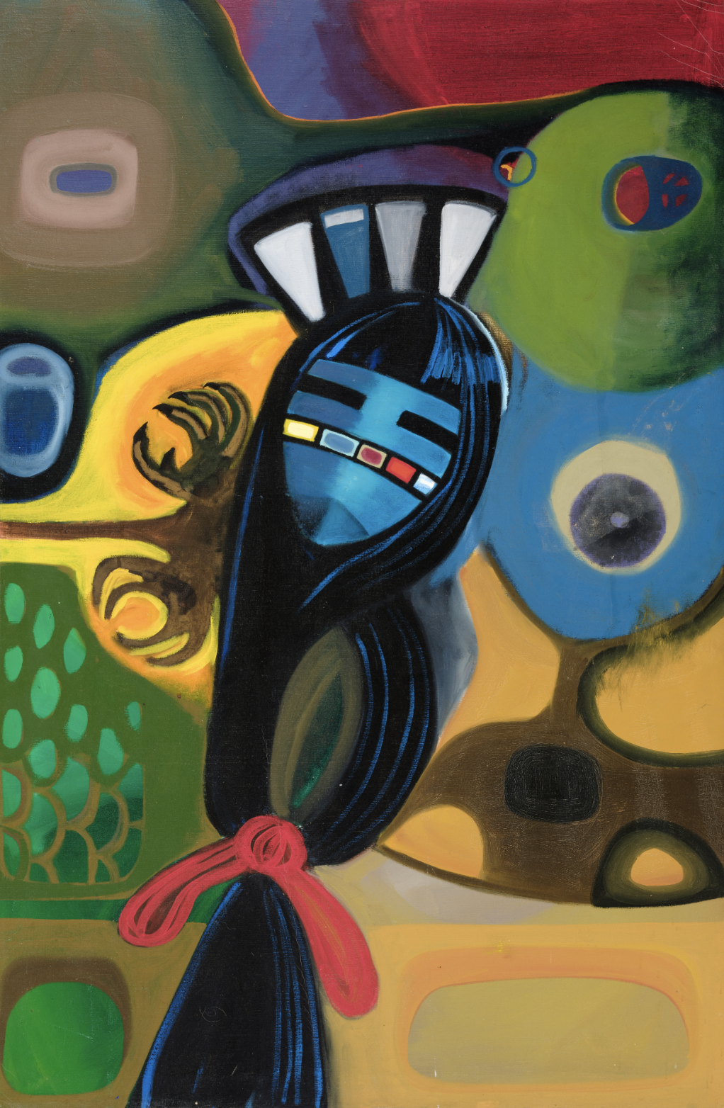 Abstract painting featuring a central figure with a blue face, black hair, and colorful adornments, surrounded by vivid geometric shapes and patterns in various bold colors.