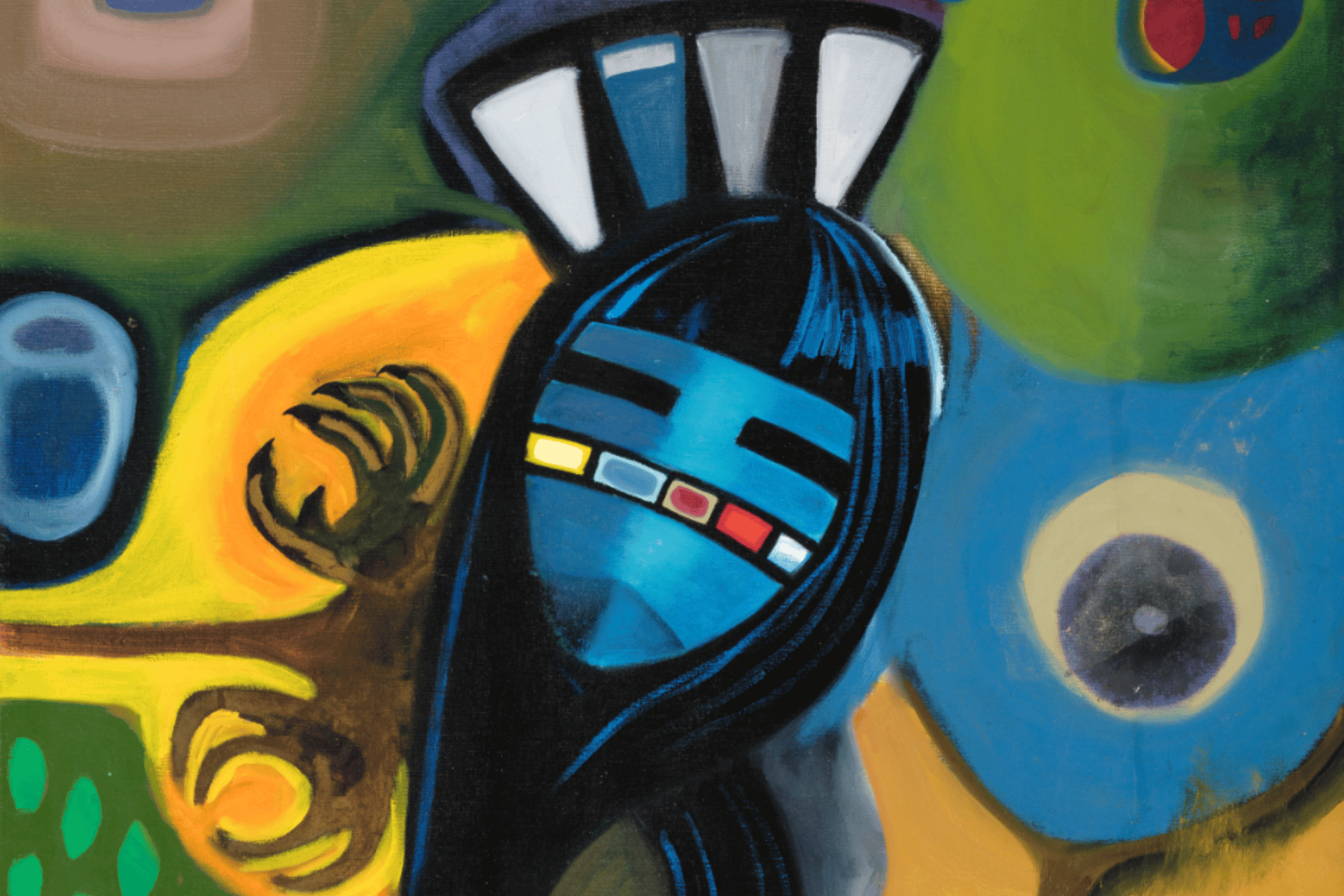 Abstract painting featuring a figure with a blue face, black hair, and geometric patterns. Bright, contrasting colors and shapes surround the figure.