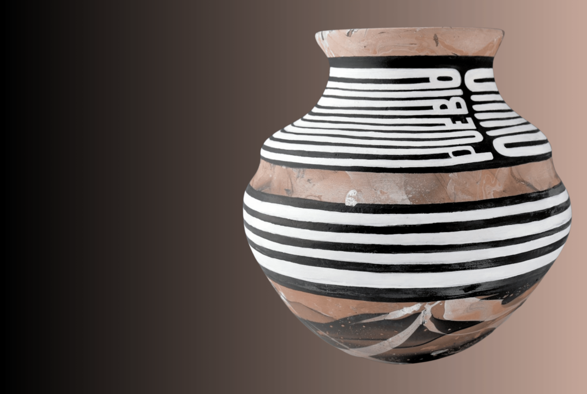 A pottery vase with wide, horizontal black and white stripes and abstract patterns, set against a gradient background transitioning from dark to light brown.