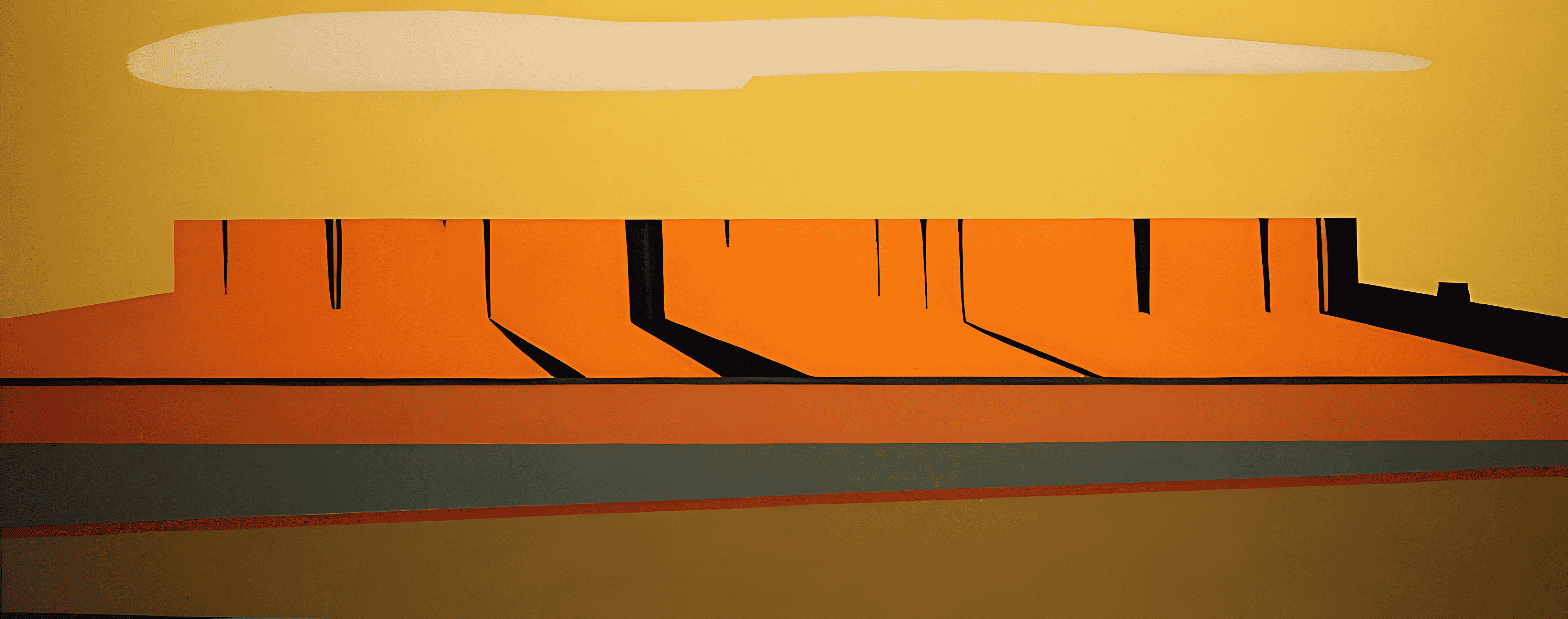 Abstract painting featuring a large, orange mesa-like structure against a yellow sky with a single elongated white cloud and shadowed ground stripes.