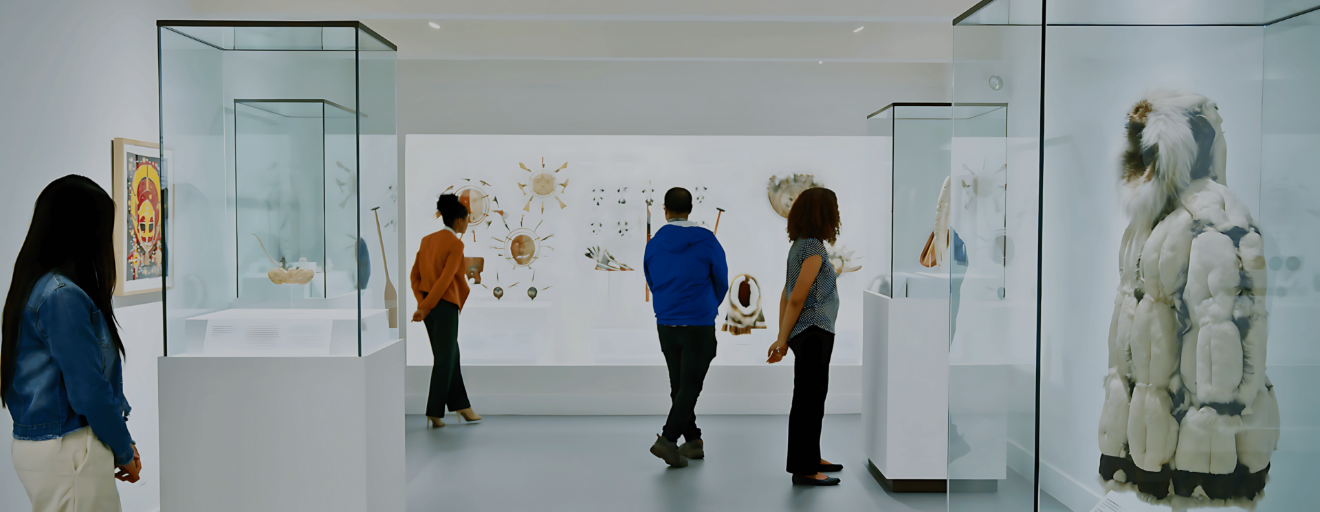 A group of people observe various artifacts and displays in a museum exhibit, including traditional clothing, artwork, and historical items encased in glass.