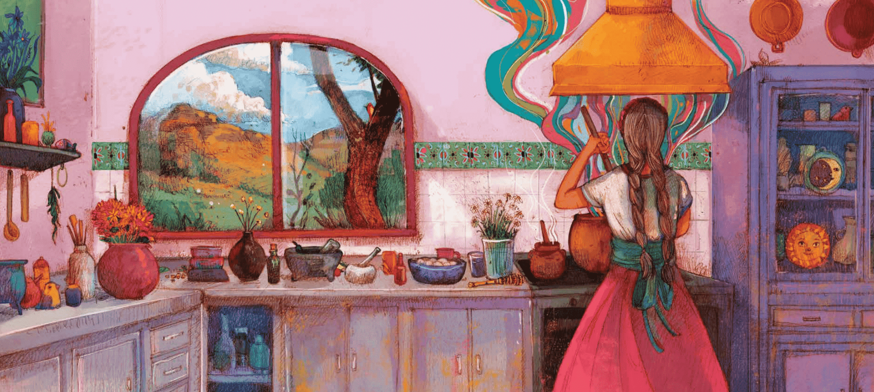 A person with long hair stands in a colorful kitchen, cooking under a range hood. The window shows a view of a tree and mountains. Shelves display various kitchen items and cookware.