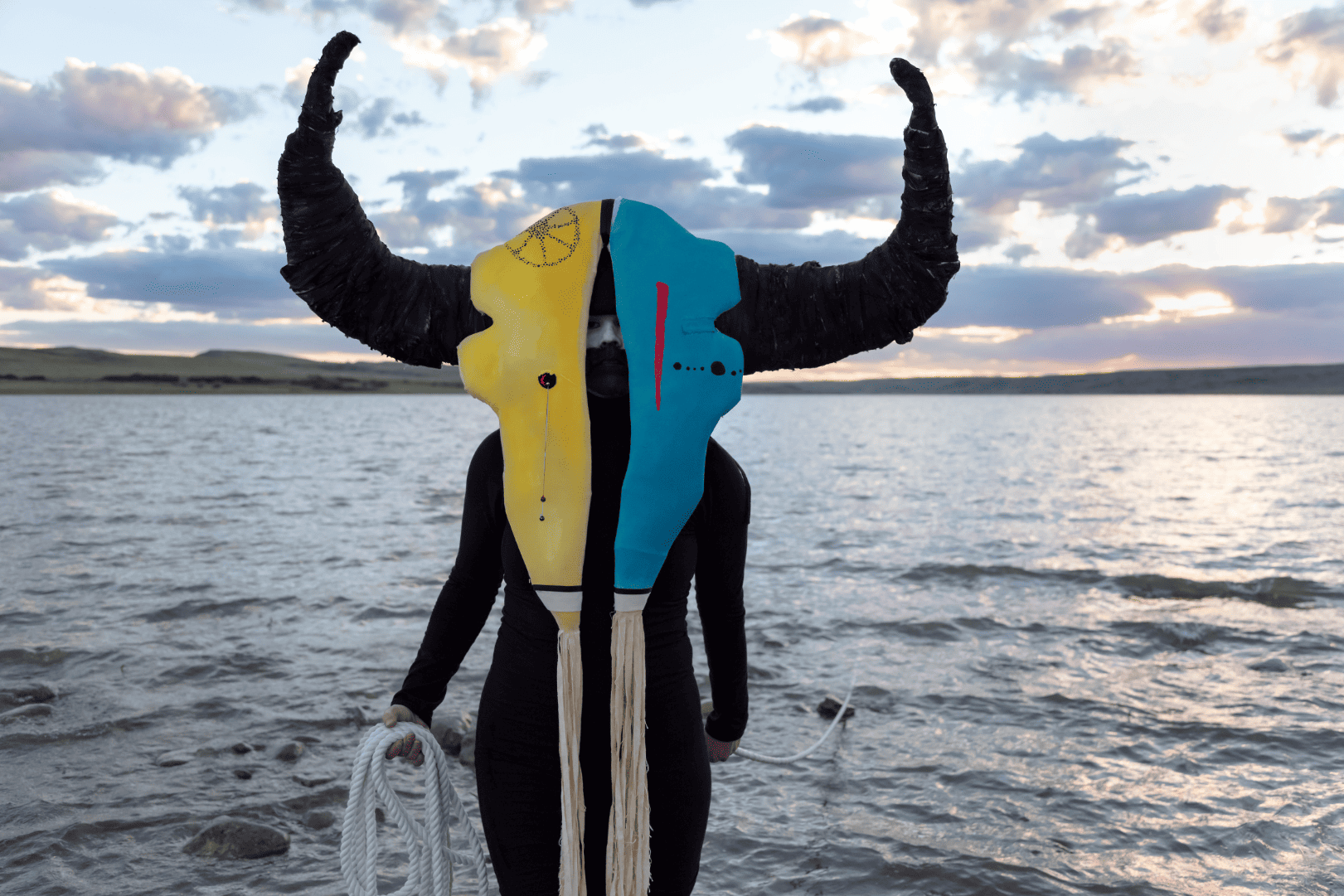 Person wearing a colorful, abstract bull mask with large horns stands in shallow water holding a rope, with a cloudy sky and calm lake in the background.