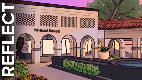 Illustration of the entrance to the "Ine Heard Museum" featuring a courtyard with a fountain, archways, and potted plants, under a pinkish sky. The word "REFLECT" is vertically aligned on the left side.