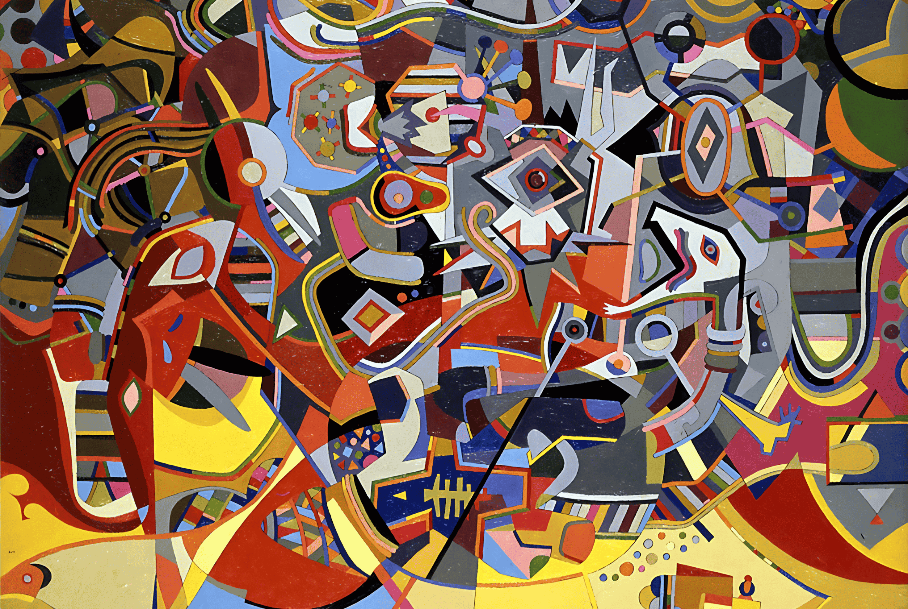 Colorful abstract painting with various geometric shapes and patterns including circles, squares, and lines in red, yellow, blue, and black tones.