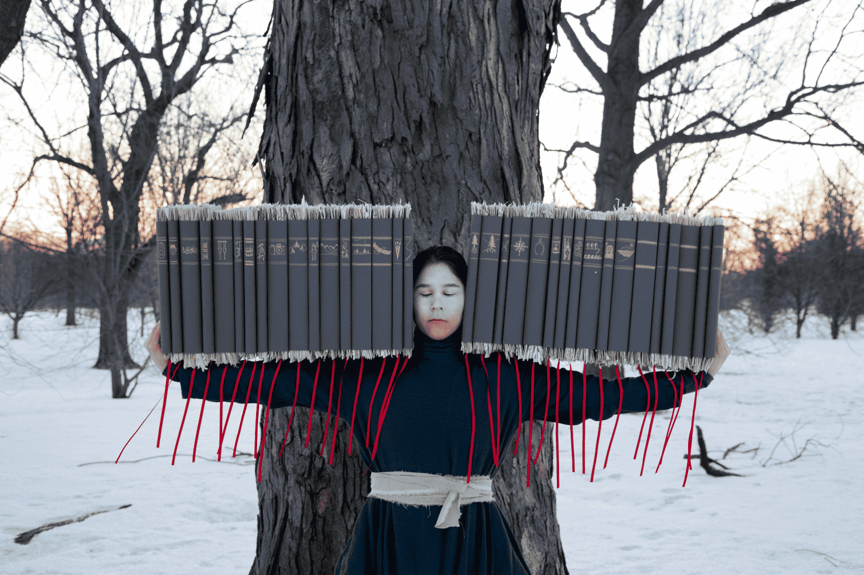 Person standing outdoors, arms raised and holding multiple book-like objects with red ribbons attached, against a large tree and snow-covered ground in the background.