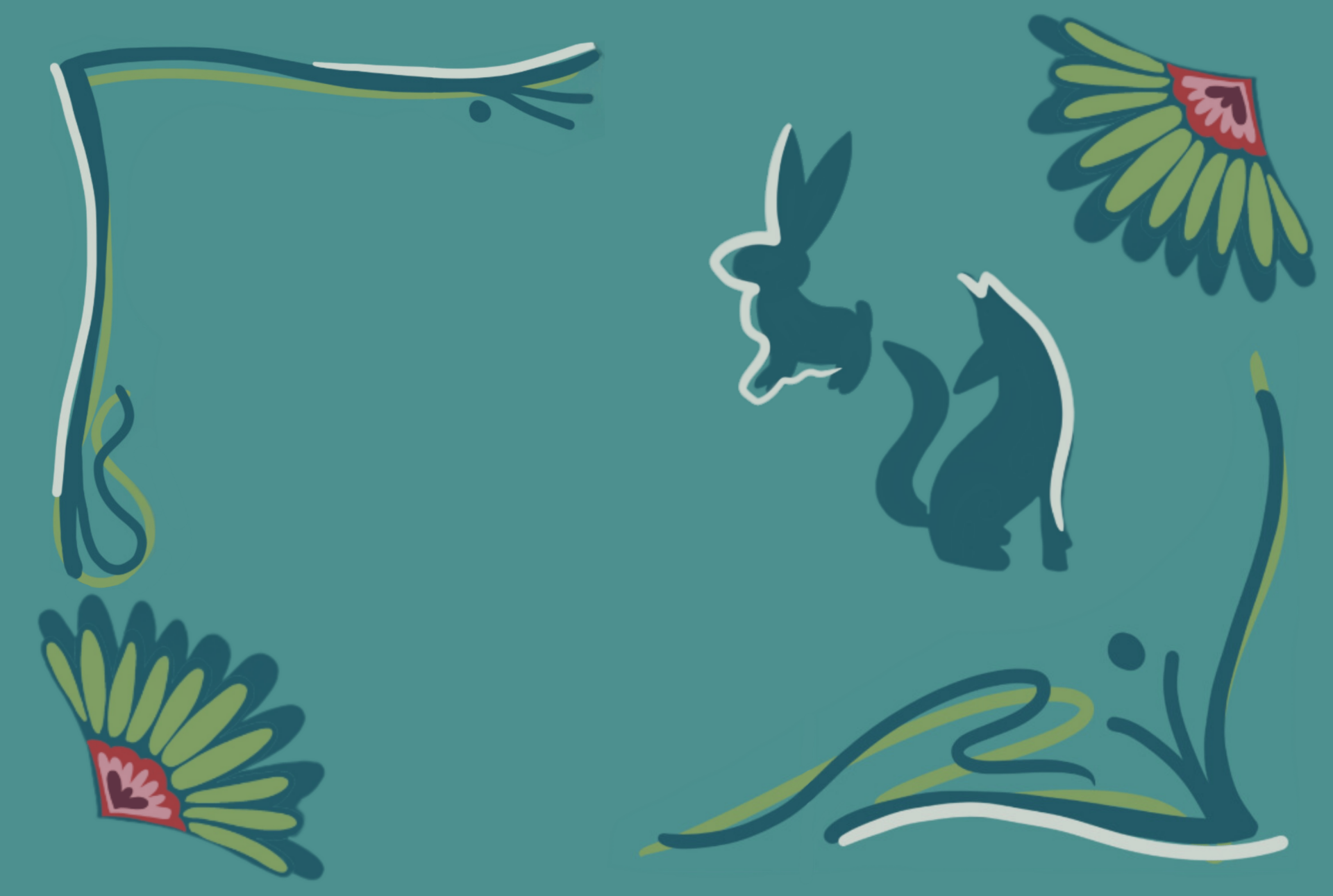 Teal background with abstract floral decorations at the corners and silhouettes of a bunny and a fox in turquoise tones near the center.