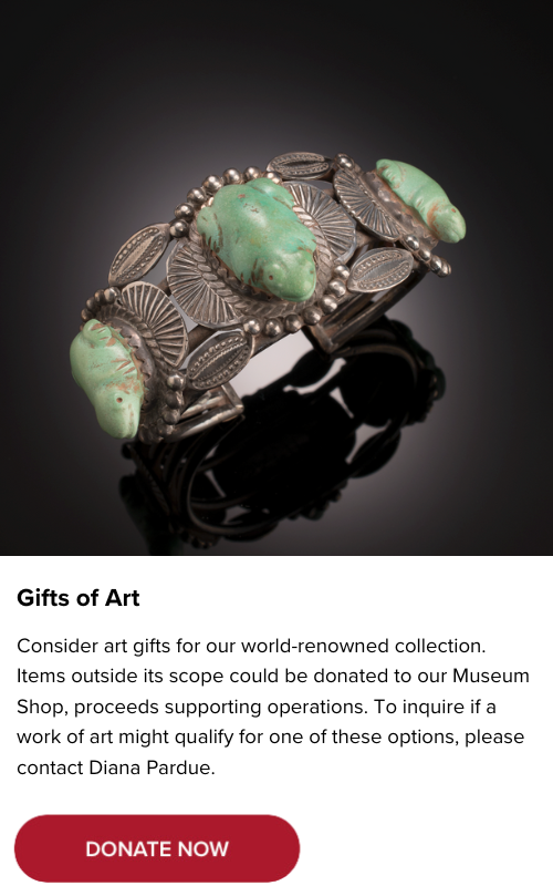 A silver bracelet featuring detailed engravings and green stones on a reflective surface. A text prompt below invites donations of art gifts to the museum.