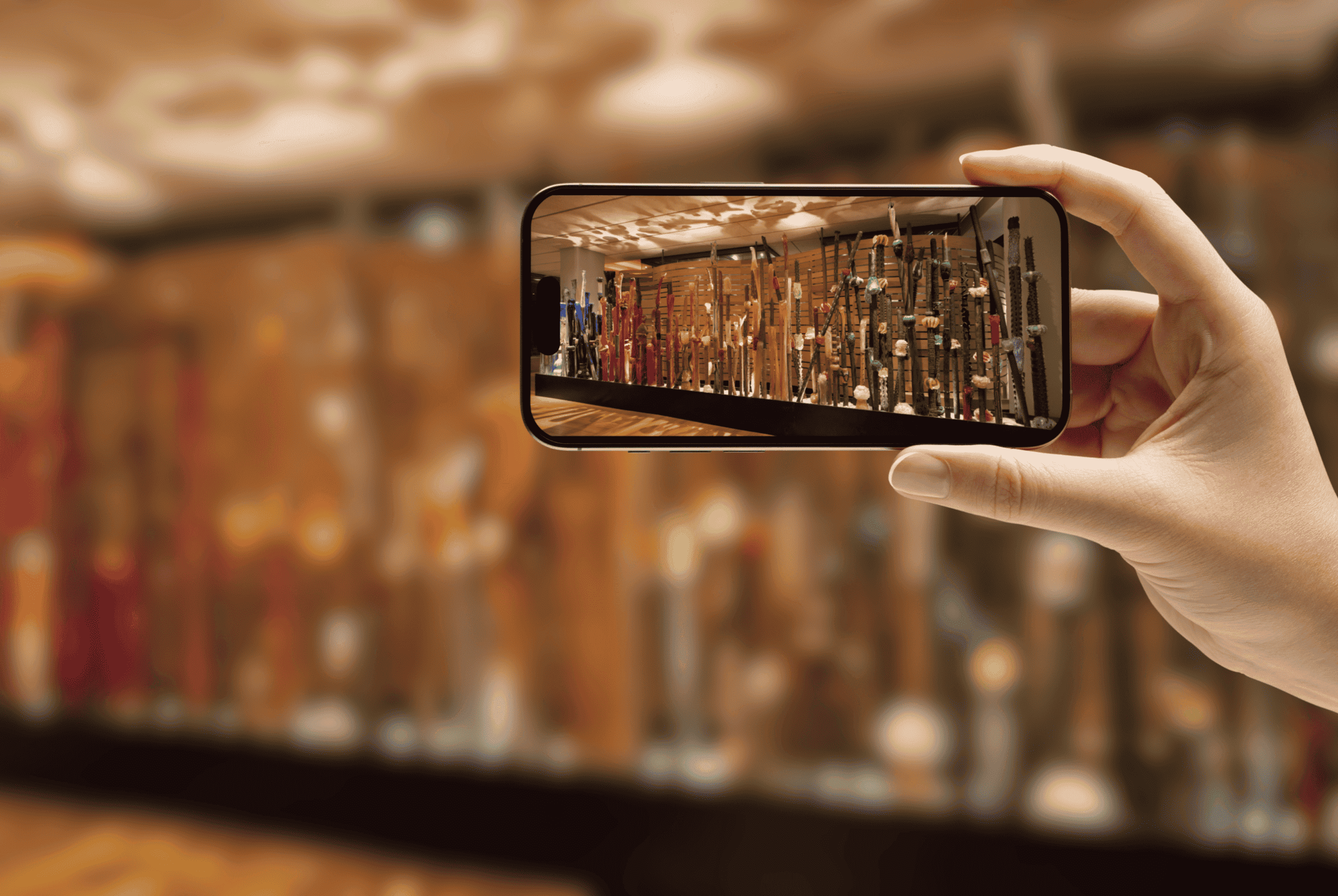 Hand holding a smartphone capturing an image of a gallery with various artifacts on display.