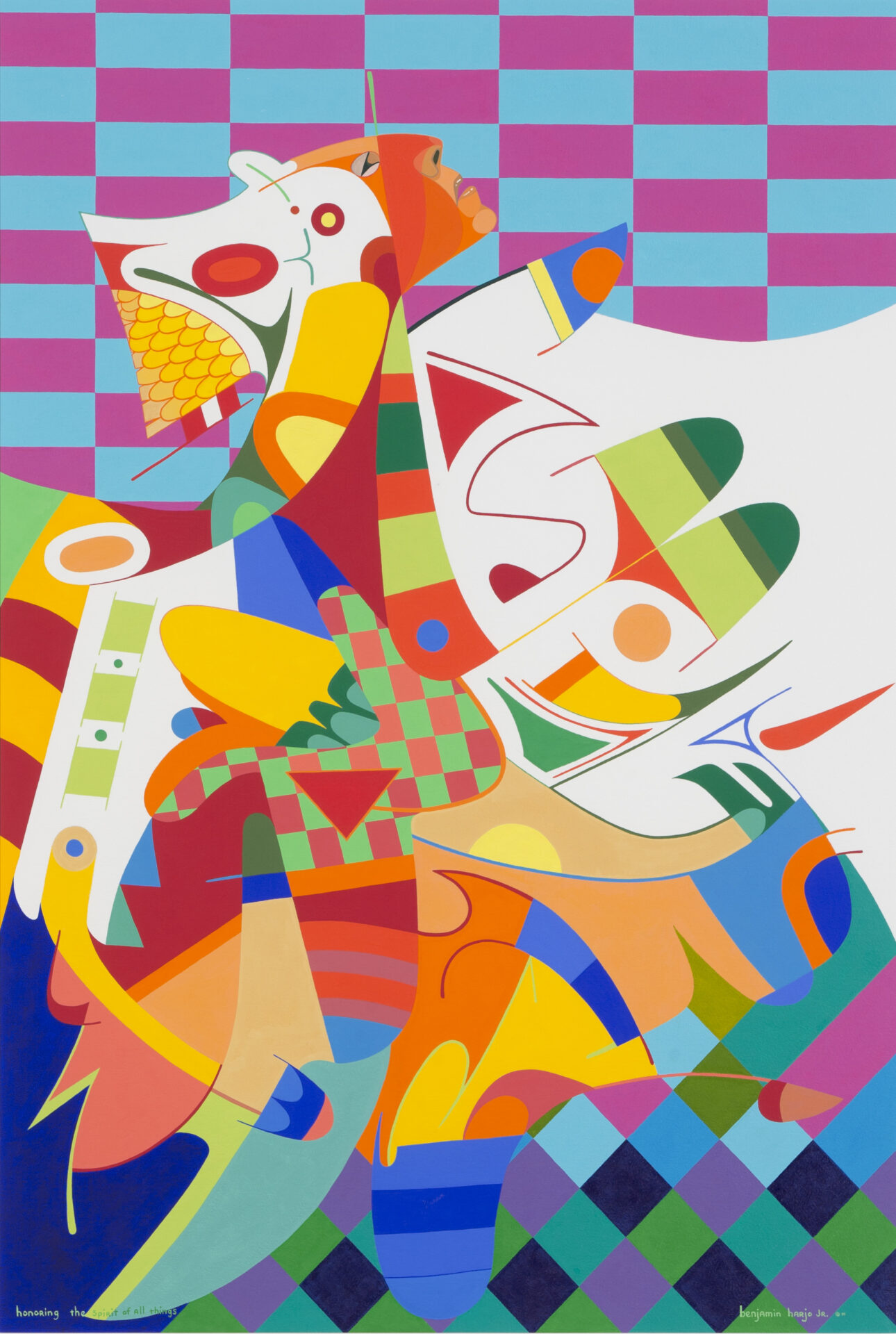 Colorful abstract painting with geometric shapes, intersecting lines, and bold patterns in a vibrant palette of red, blue, yellow, and green.