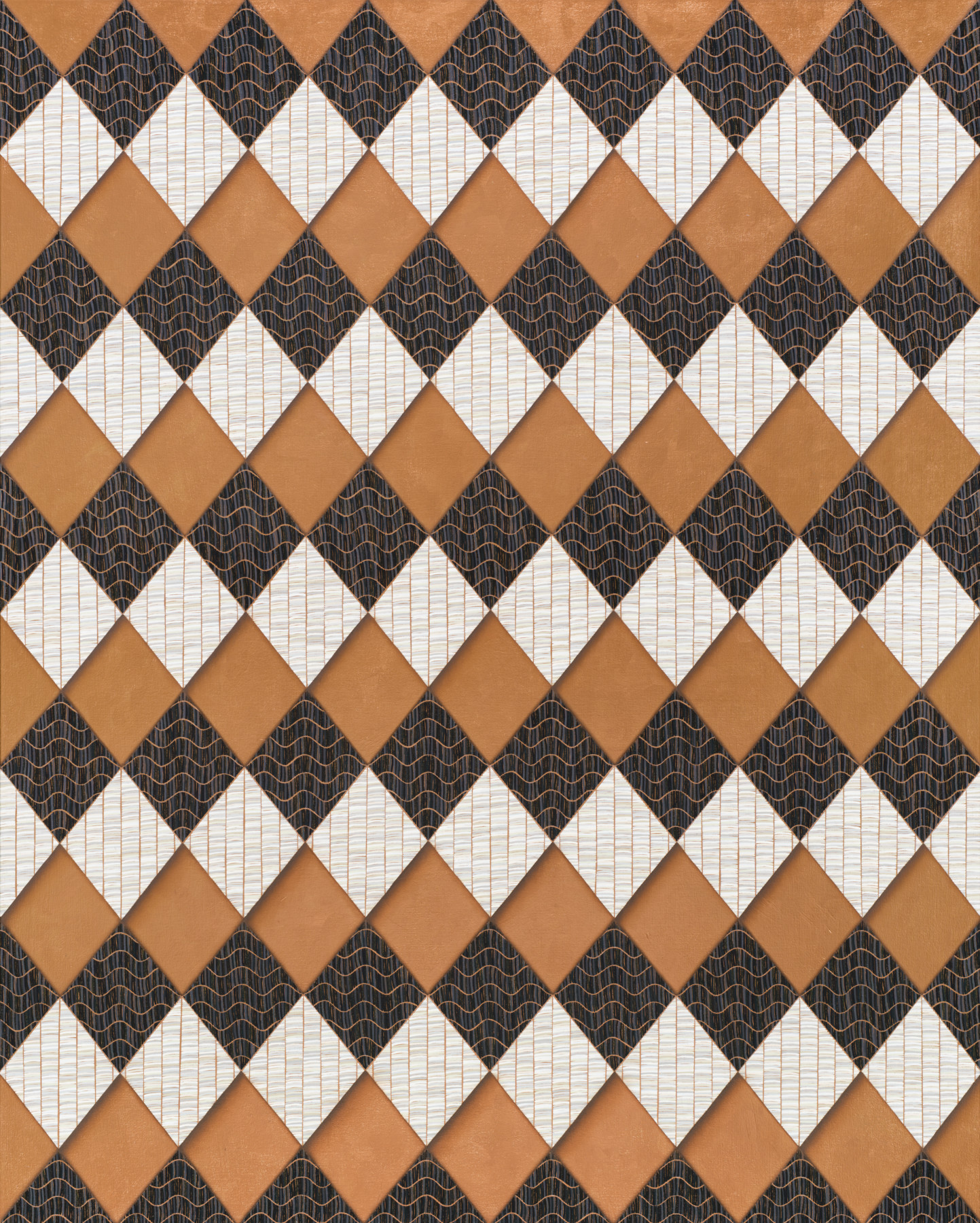 A geometric pattern composed of alternating brown, black, and white square tiles arranged diagonally, creating a checkered effect with wavy lines on the black tiles.