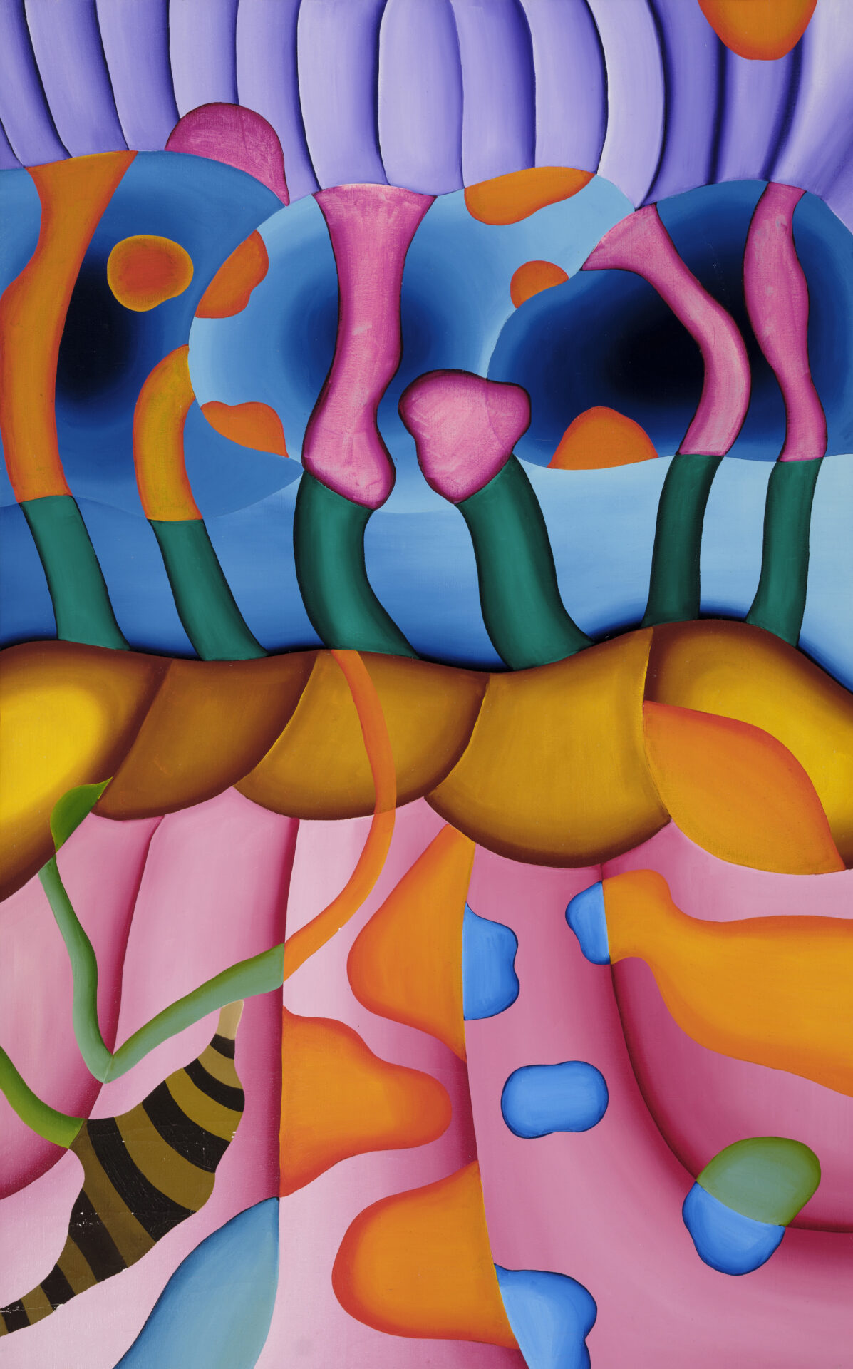 Abstract painting with vibrant colors, featuring wavy shapes, bulbous forms, and various patterns in pink, blue, orange, and green tones.