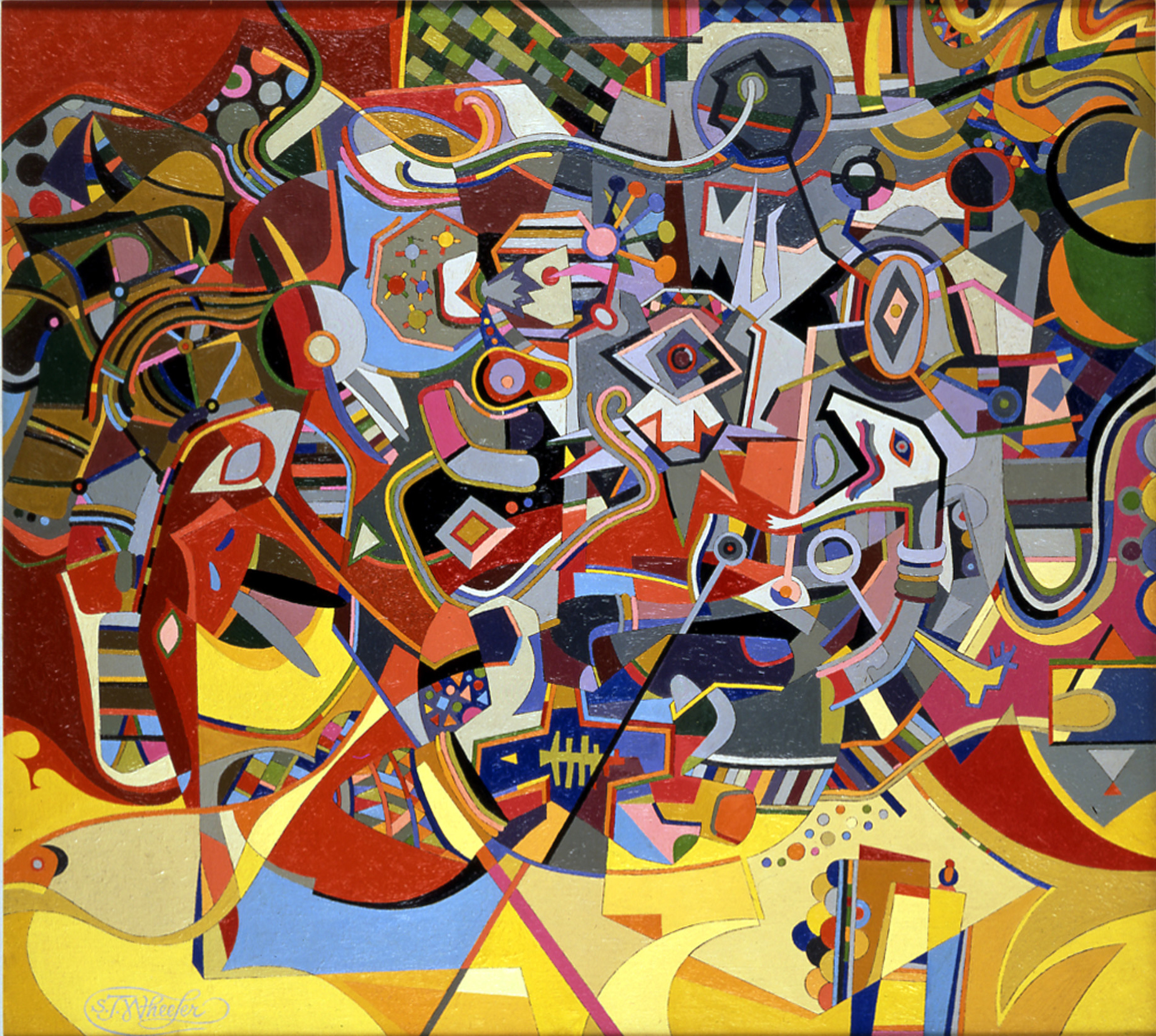 An abstract painting featuring a vibrant mix of geometric shapes and bold colors, including red, yellow, blue, and black, creating a dynamic and complex composition.