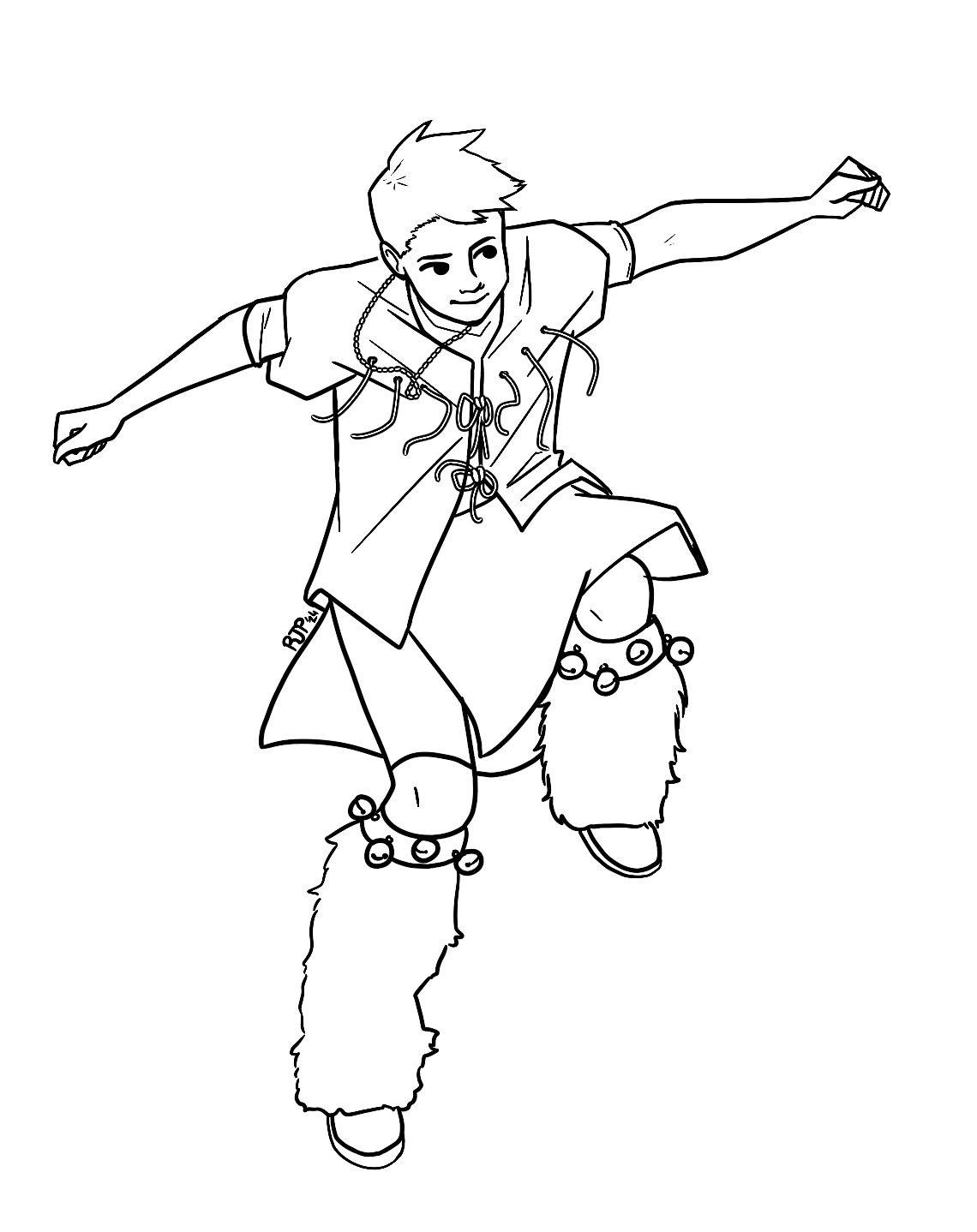 A person in a dynamic pose, dressed in a tunic and fluffy leggings with bells, depicted in a line drawing.