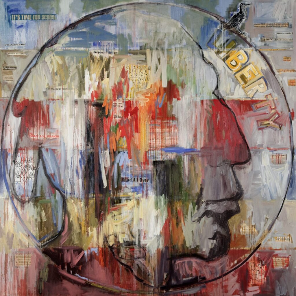 Jaune Quick-to-See Smith (Enrolled Flathead Salish, b. 1940), Indian Head Nickel, 1994. Mixed media, oil on canvas, 72 x 72 inches. Gift of Lynne and Albion Fenderson, 4611-1.