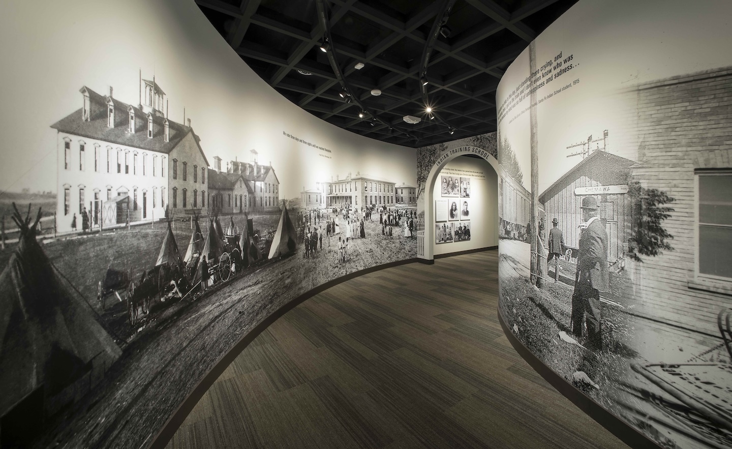 Hallway leading to the entrance of the Away From Home: American Indian Boarding School Stories exhibition at the Heard Museum.