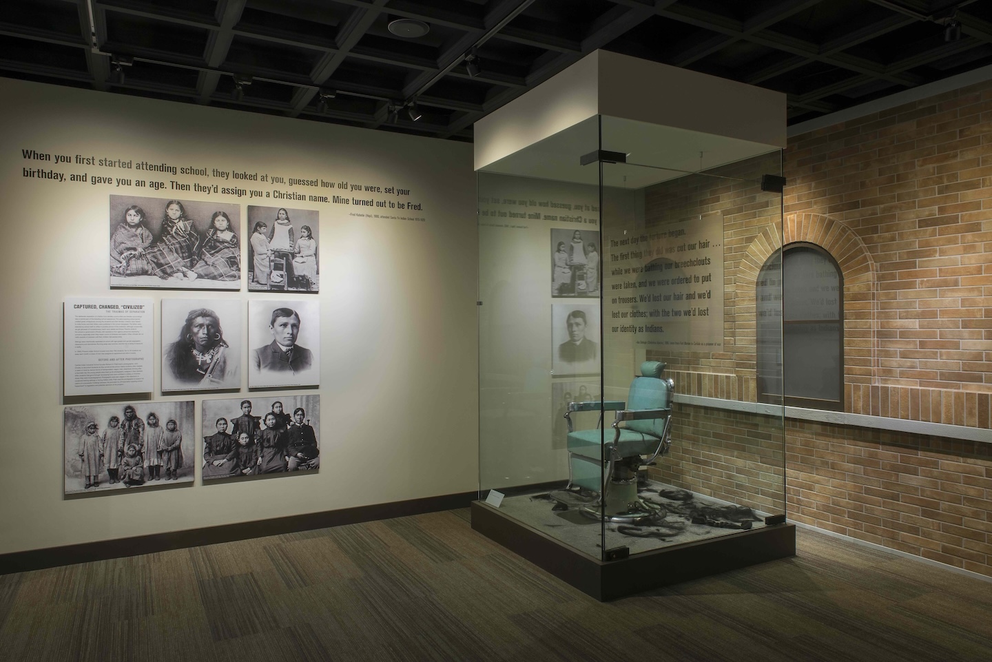 Barber chair in the Away From Home: American Indian Boarding School Stories exhibition at the Heard Museum.