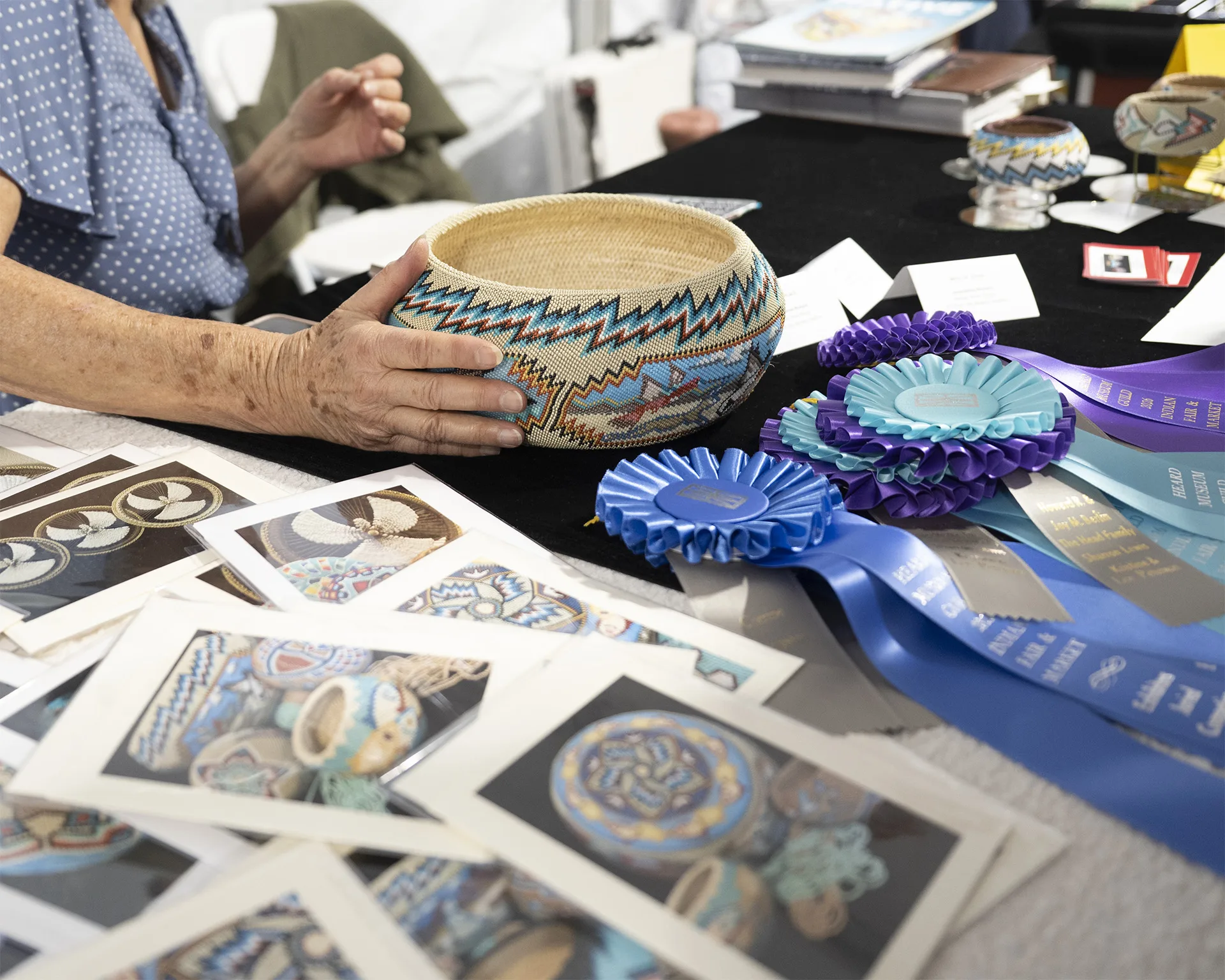 Artist Jacqueline Rickard's Beaded Basket that won the Best of Show award at the Heard Museum's 2026 Indian Fair + Market.